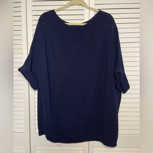 Lafayette 148 Ribbed Knit Dolman Top Short Sleeve Size XL Navy Blue Lagenlook